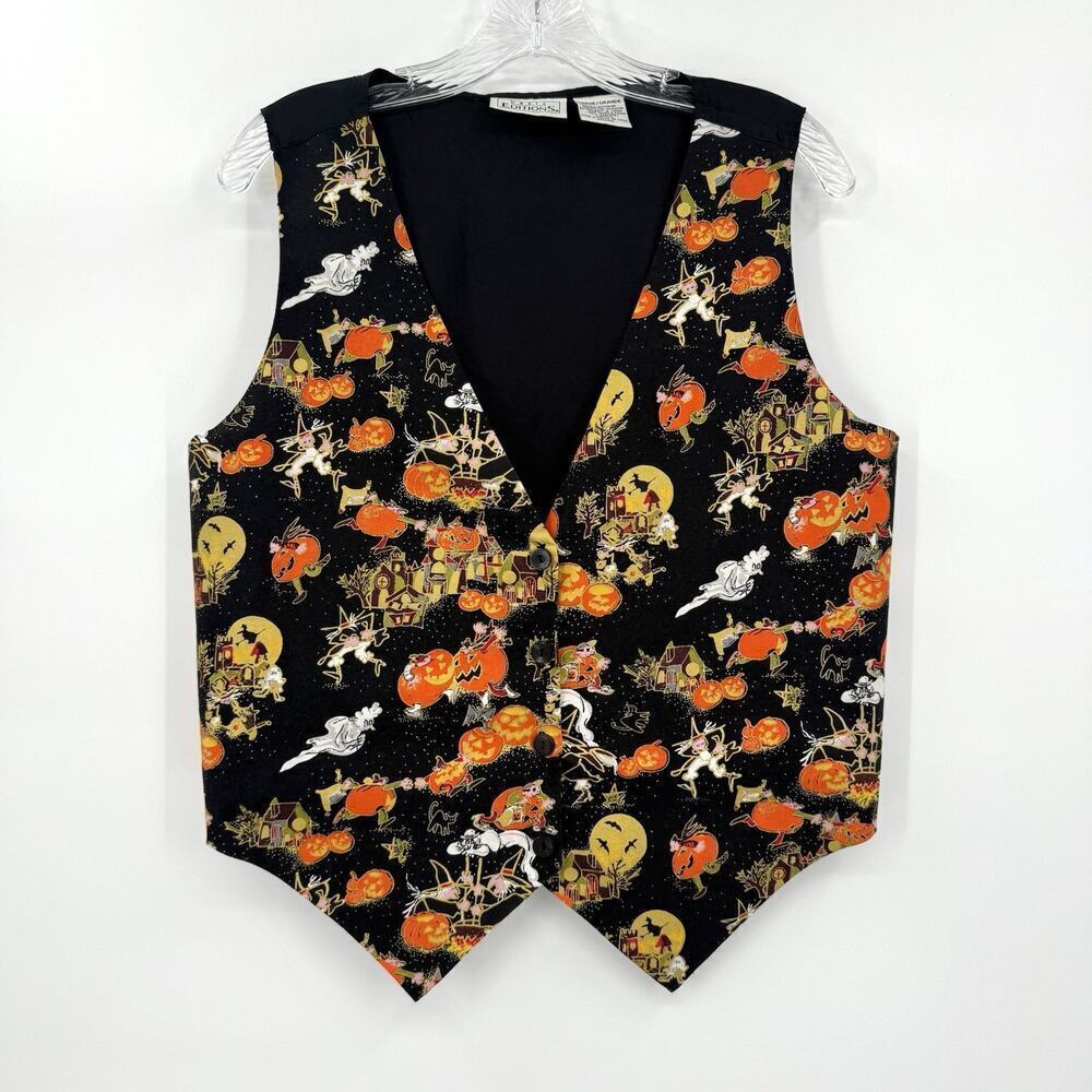 Basic Editions VTG Halloween Vest Womens Large Witch Pumpkin Ghost Cat Haunted